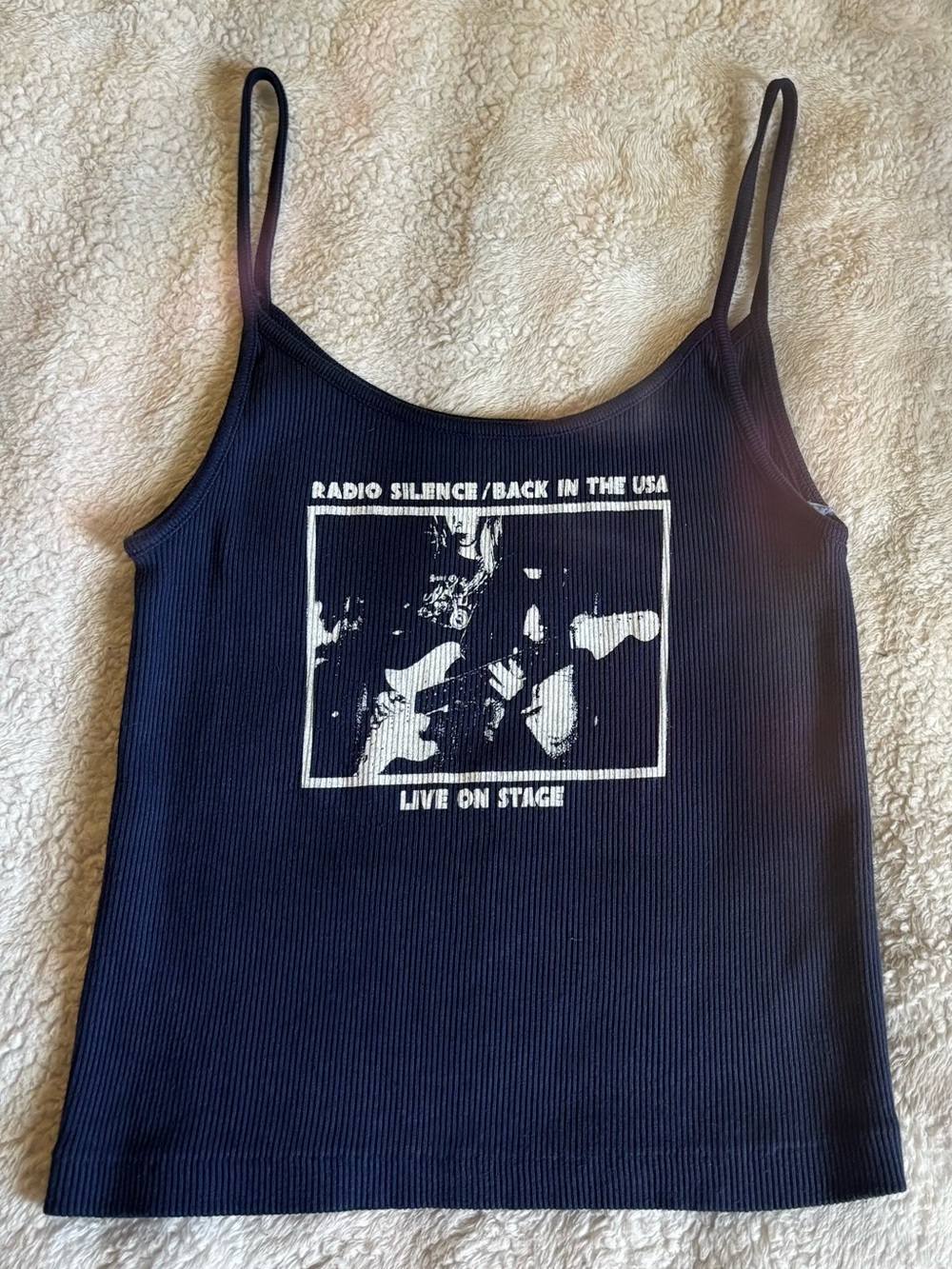 Brandy Melville Navy Blue Ribbed Graphic Camisole with White Print